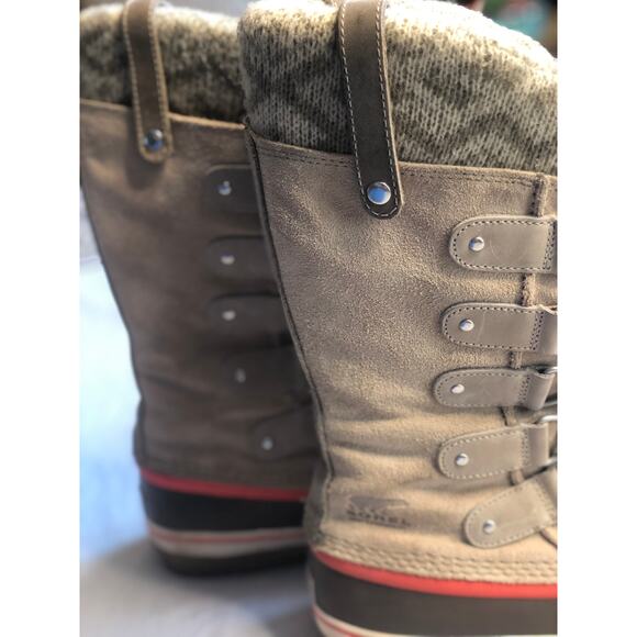 Sorel Joan of Arctic Waterproof Winter Knit Boot in Fossil Tan and Coral Accent - Picture 7 of 13